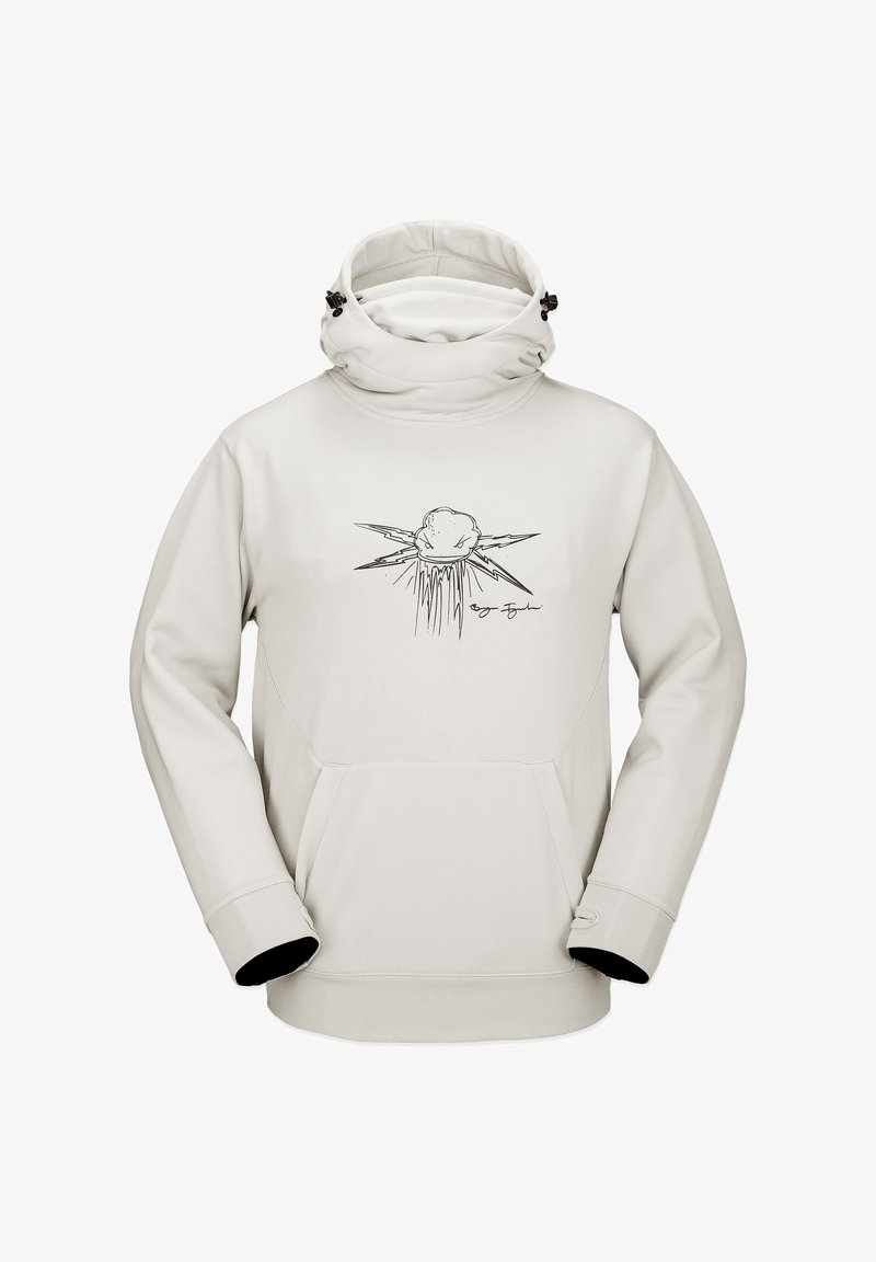 Sweat à capuche gris clair avec col montant et cordons ajustables, présentant un motif central en ligne noire d'un nuage avec des éclairs et une signature.