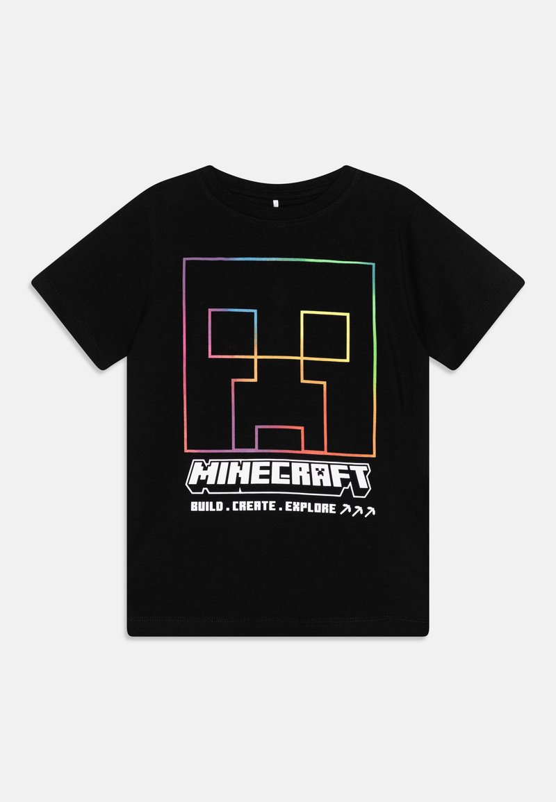 Svart bomullströja med en färgglad design av en Minecraft Creeper-ansikte i en fyrkant och en fet "Minecraft"-logotyp med slogan nedanför.