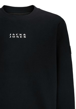 Sweatshirt noir à manches longues en mélange de coton, avec un col rond et le logo "JACK & JONES" en blanc sur la poitrine.