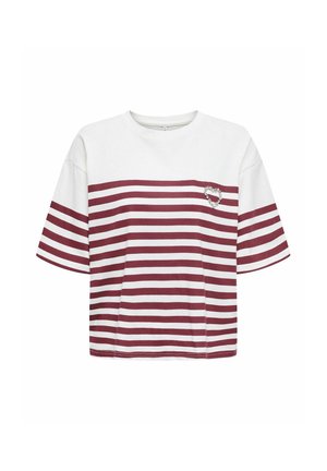 Rød- og hvidstribet kortærmet T-shirt med rund halsudskæring og en lille hjerteformet embellishment på venstre bryst. Blød stoftekstur.