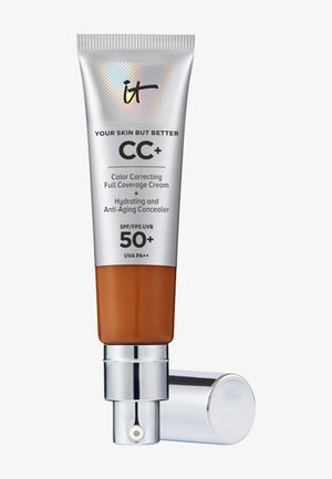 Crema correttiva a copertura totale con SPF 50+ in tubo argentato e marrone con erogatore a pompa e tappo argentato non avvitato.
