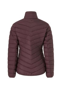 Giacca a vento bordeaux con colletto alto, motivo a zig zag, texture trapuntata e finitura liscia. Presenta un design aderente e maniche lunghe.