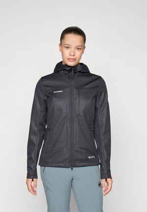 Black, fitted softshell jacket with a hood, zippered front, and two side pockets; smooth texture and logo details on chest and sleeve.