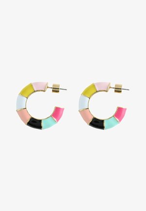 Hoop earrings segmented in pastel yellow, pink, light blue, peach, black, and turquoise with gold-tone metal edges and posts.