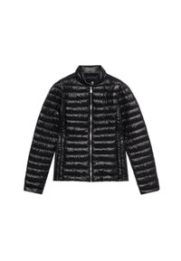Giacca a vento nera con zip frontale, colletto alto e motivo a righe orizzontali. Realizzata in materiale lucido e liscio. Maniche lunghe.