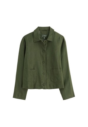 Veste boutonnée vert olive à manches longues, col et deux poches plaquées à l'avant, en tissu texturé.