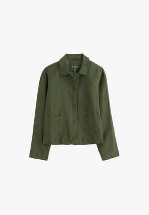 Jachetă olive verde cu nasturi, mâneci lungi, guler și două buzunare aplicate în față, realizată din material texturat.