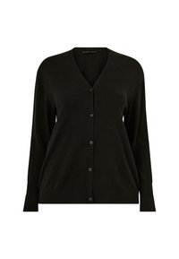 Zwarte cardigan met een V-hals, lange mouwen en knoopsluiting. Heeft ribgebreide randen en een zachte, gestructureerde brei stof.