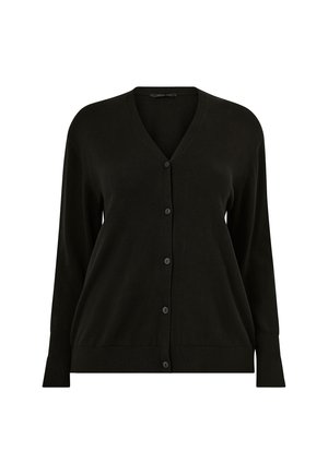Zwarte cardigan met een V-hals, lange mouwen en knoopsluiting. Heeft ribgebreide randen en een zachte, gestructureerde brei stof.