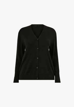 Černý svetr s výstřihem do V, dlouhými rukávy a zapínáním na knoflíky. Má žebrované lemy a měkký, texturovaný pletený materiál.
