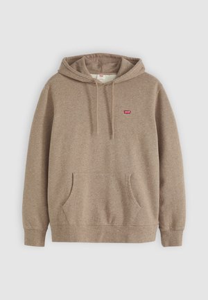 Haut à capuche en polaire marron avec des cordons de serrage, poche kangourou à l'avant et petit logo rouge Levi's sur la poitrine. Tissu texturé avec un motif tacheté.