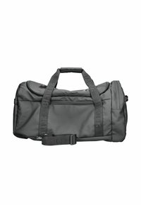 Borsa a tracolla nera realizzata in tessuto resistente, con manici doppi, tracolla removibile e una tasca frontale con cerniera.