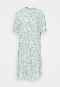 Abito floreale verde con maniche corte, scollatura rotonda e dettagli con bottoni. Presenta un tessuto leggero e una silhouette rilassata e fluida.