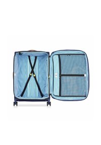 Maleta rígida con exterior en color marino, forro de rayas azules, correas cruzadas para asegurar los objetos y un compartimento con cremallera de malla para la organización.