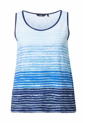 Canotta a righe blu e bianche con scollatura tonda, caratterizzata da linee orizzontali in diverse tonalità di blu, realizzata in un tessuto morbido.