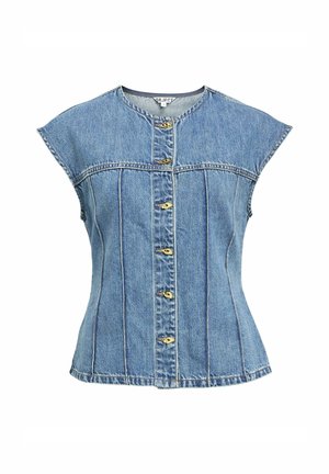 Top sin mangas de mezclilla azul con cuello redondo, forma ajustada, cierre delantero de botones y detalles de costura vertical.