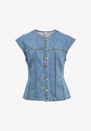 Plava traper majica bez rukava s okruglim izrezom, uskog kroja, prednjim kopčanjem na dugmad i vertikalnim šavovima.