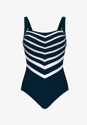 Costume intero blu navy con righe orizzontali bianche e a spina di pesce, spalline larghe e design aderente. Il tessuto sembra texturizzato.