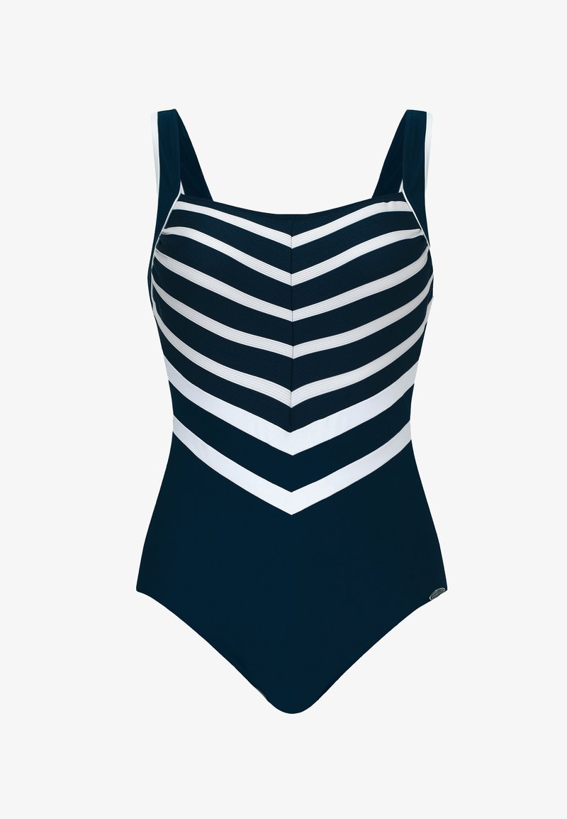 Maillot de bain une pièce bleu marine avec des rayures blanches horizontales et en chevron, larges bretelles et coupe ajustée. Le tissu semble texturé.