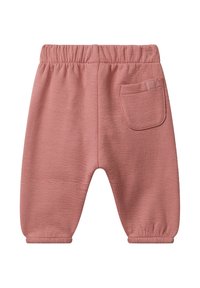 Rosa strukturierte Babypants mit elastischem Bund, elastischen Bündchen und einer einfach genähten Gesäßtasche auf der rechten Seite.