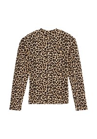 Dlhý rukáv top s leopardím vzorom na béžovom podklade, textúrovaná tkanina, okrúhly výstrih a zapínanie na gombíky na zadnej strane.