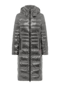 Szary pikowany płaszcz z kapturem, błyszcząca tkanina, pionowy wzór pikowania, zapinany z przodu na zamek błyskawiczny, z dwoma bocznymi kieszeniami.