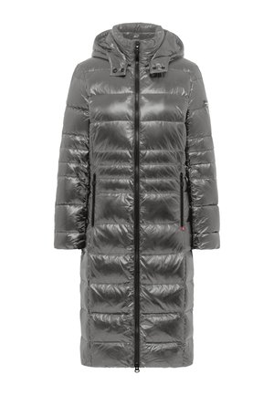 Gray padded coat with a hood, shiny fabric, vertical quilted pattern, front zipper, and two side pockets.