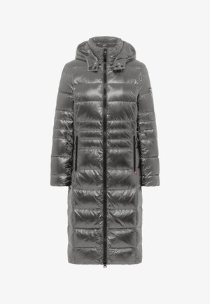 Gray padded coat with a hood, shiny fabric, vertical quilted pattern, front zipper, and two side pockets.