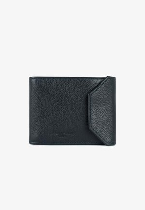 Marineblauwe leren portemonnee met een gestructureerde afwerking, voorzien van een opgevouwen klepontwerp en een geperst logo. Minimalistische vorm met contrasterende stiknaad.