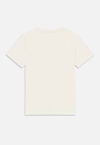 T-shirt en coton blanc uni à manches courtes, posé à plat, montrant le dos avec un col rond.