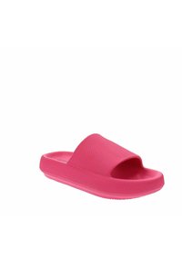 Sandales à glissière roses avec une tige texturée, un design ouvert à l'avant et une semelle striée pour une meilleure adhérence. Fabriquées en matériau flexible et léger.