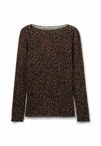 Langarm, aansluitend zwart en bruin luipaardprint top met een ronde halslijn op een witte achtergrond.