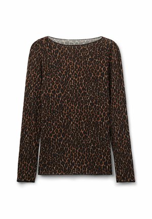 Langarm, aansluitend zwart en bruin luipaardprint top met een ronde halslijn op een witte achtergrond.