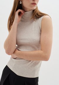 Beige ribbattu ilmanhiha turtleneck paita, jossa on tiukka malli, hienovarainen tekstuuri ja pieni logo helmassa.
