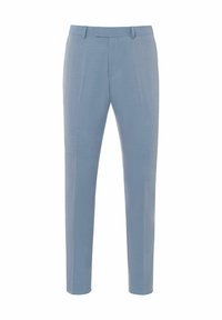 Pantalons ajustés bleu clair en tissu lisse, avec devant plat, jambes droites et sans embellissements ni motifs visibles.