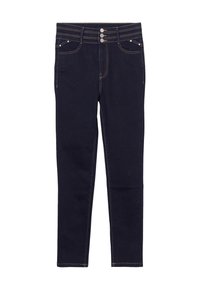 Jean en denim bleu foncé avec une taille haute, trois boutons en argent et des coutures orange. Comprend des poches avant et un design ajusté.