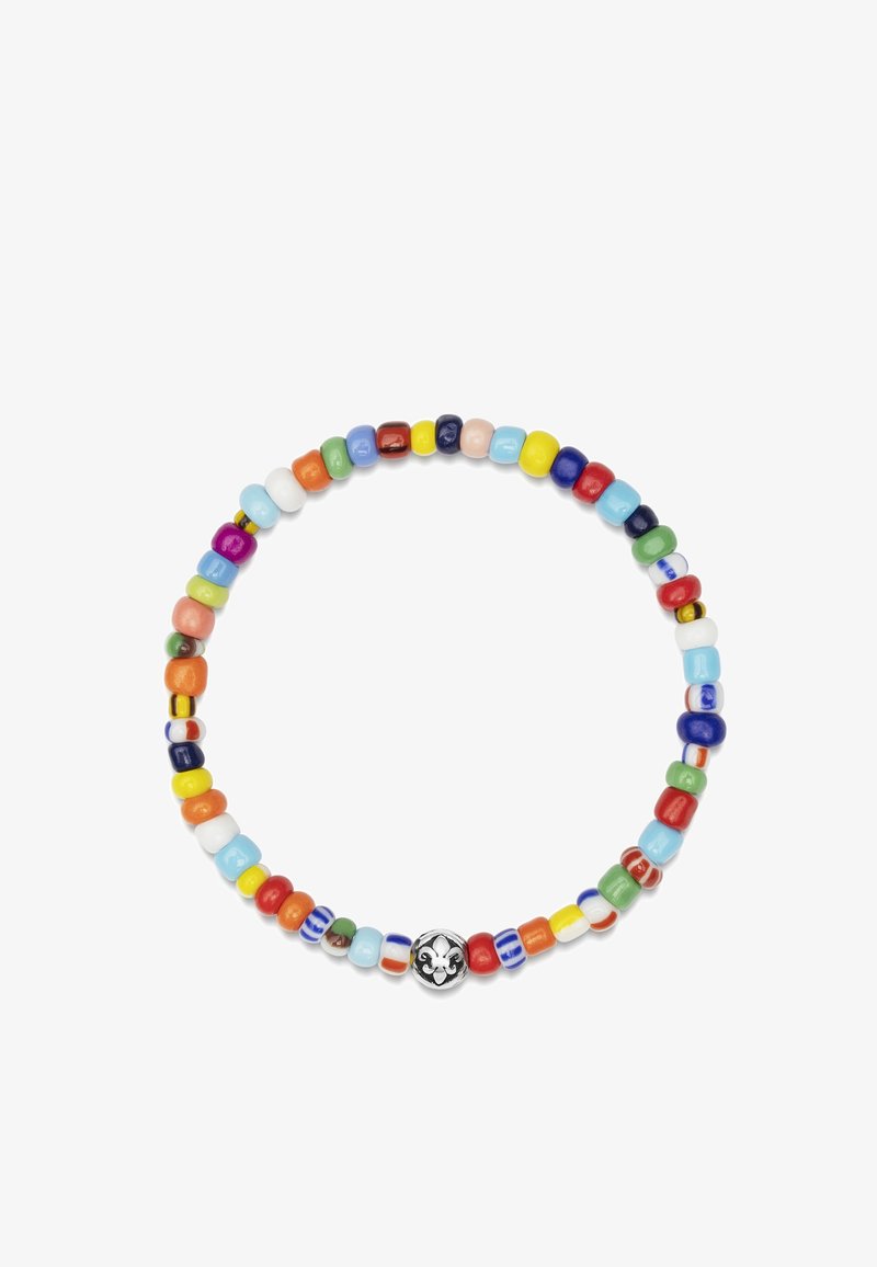 Multifarvet perlearmbånd bestående af runde og cylindriske glasperler i forskellige farver, med en central sølvperle, der viser et blomstermotiv.