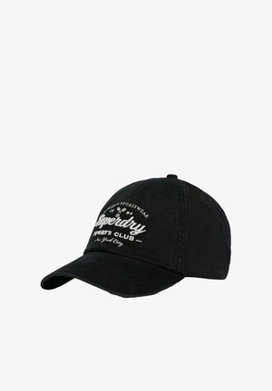 Czarna bawełniana czapka z daszkiem z zakrzywionym rondem. Z przodu białe haftowane napisy i grafiki. Klasyczny sześciopanelowy krój.