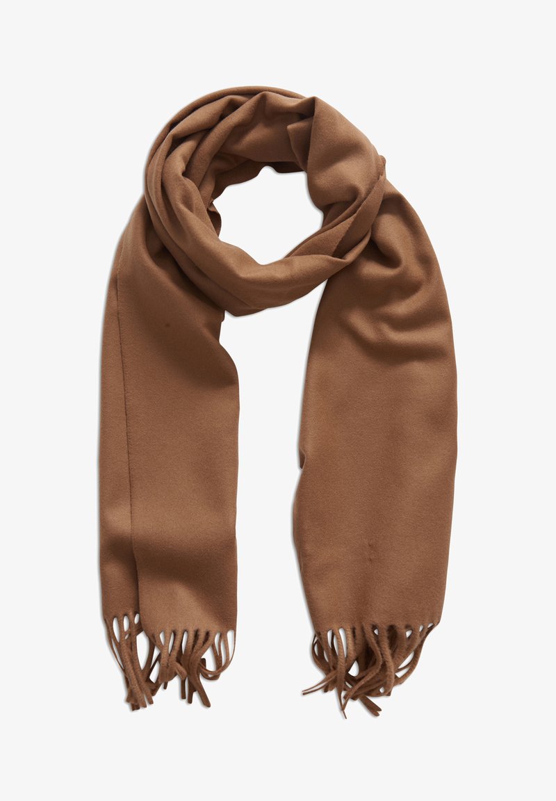 Bruine, zachte sjaal gemaakt van textuurstof, met franjes aan de randen en een gevouwen ontwerp voor een gezellige uitstraling.