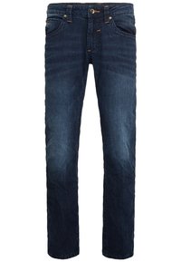 Jeans de mezclilla azul oscuro con corte recto, que presentan un ligero efecto de desvanecimiento, cinco bolsillos y detalles de costura en tono dorado.