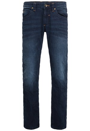 Donkerblauwe denim jeans met een rechte snit, voorzien van een lichte vervaging, vijf zakken en details van gouden stiksel.