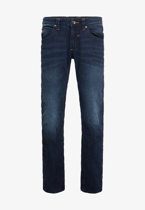 Dunkelblaue Jeans aus Denim mit geradem Schnitt, die einen leichten Verblassungs-Effekt aufweisen, fünf Taschen und goldfarbene Nähte haben.