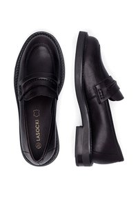 Loaferi negri din piele cu un finisaj neted, formă conică, bandă decorativă și toc mic bloc. Logo embossat pe tălpic.