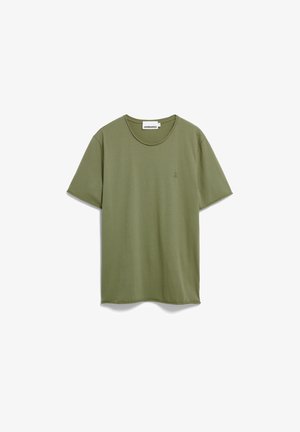 Olivegrünes Kurzarm-T-Shirt aus Baumwolle mit rundem Ausschnitt und kleinem Logodetail auf der Brust. Weiche Textur und entspanntes Design.