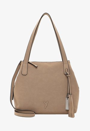 Beige geperforeerde leren handtas met dubbele schouderriemen, ritsluiting, zijtasselaccent en een klein merketiket.