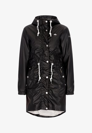 Mustikas vihmajope kapuutsiga, mis on varustatud rütmise disainiga, nööpidetailide ja valgete käristega. Valmistatud läikivast, veekindlast materjalist.