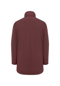 Ciemny bordowy płaszcz z wysokim kołnierzem, gładką teksturą i prostym krojem. Tył bezszwowy, o prostym i czystym designie.