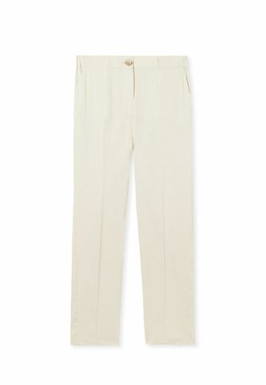 Pantaloni beige chiaro realizzati in tessuto morbido, con fronte piatto, due tasche laterali, chiusura con un bottone e gambe dritte.