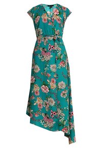 Robe portefeuille turquoise avec imprimé floral rose, blanc et orange, manches courtes, décolleté en V, ceinture à la taille et ourlet asymétrique.