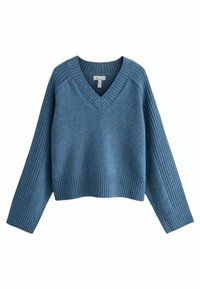 Blå strikket sweater med v-udskæring, ribbede manchetter og kant, der har en boxy fit og teksturerede detaljer på ærmerne.